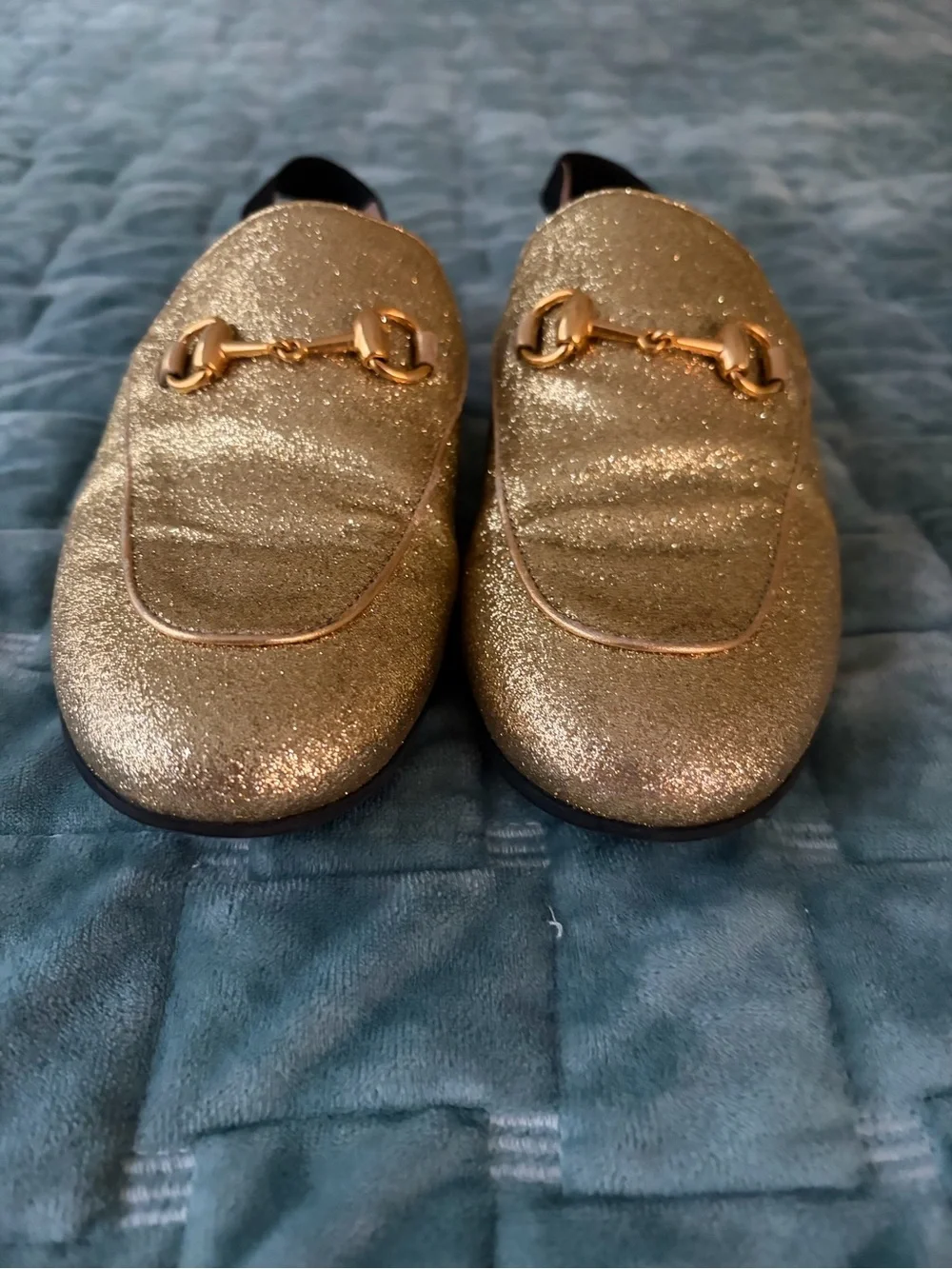 Gucci Kids Princetown Gold Glitter Horsebit Slingback Loafers EU 33 / US 2